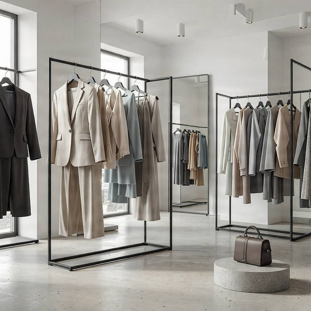 Modern fashion boutique interior with stylish clothing on racks.